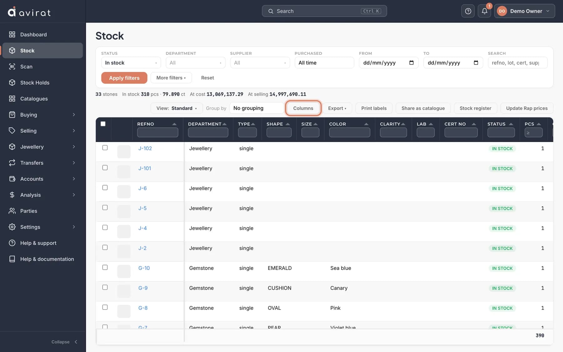 The Stock screen in Avirat: filters, totals and every stone with its cost and selling price