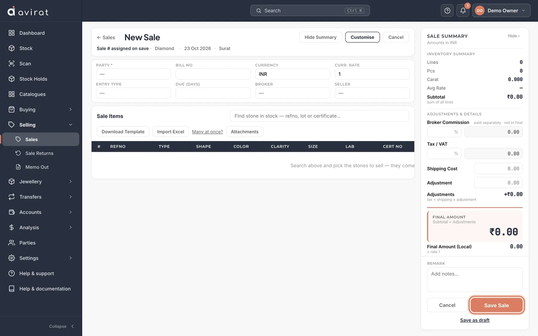 The new sale screen in Avirat: customer, stones picked from stock, and the total