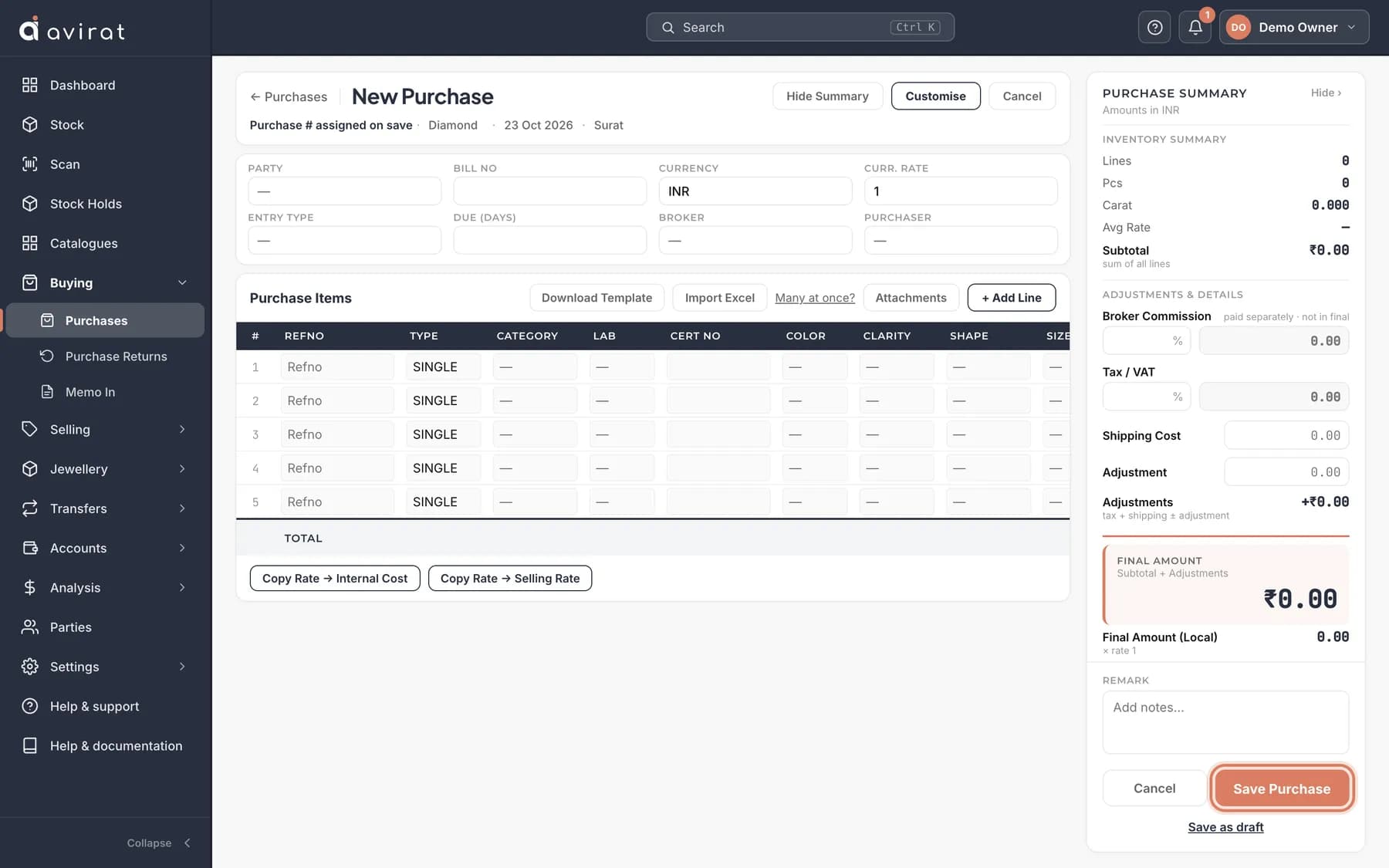 The new purchase screen in Avirat: supplier, date, currency and one line per stone