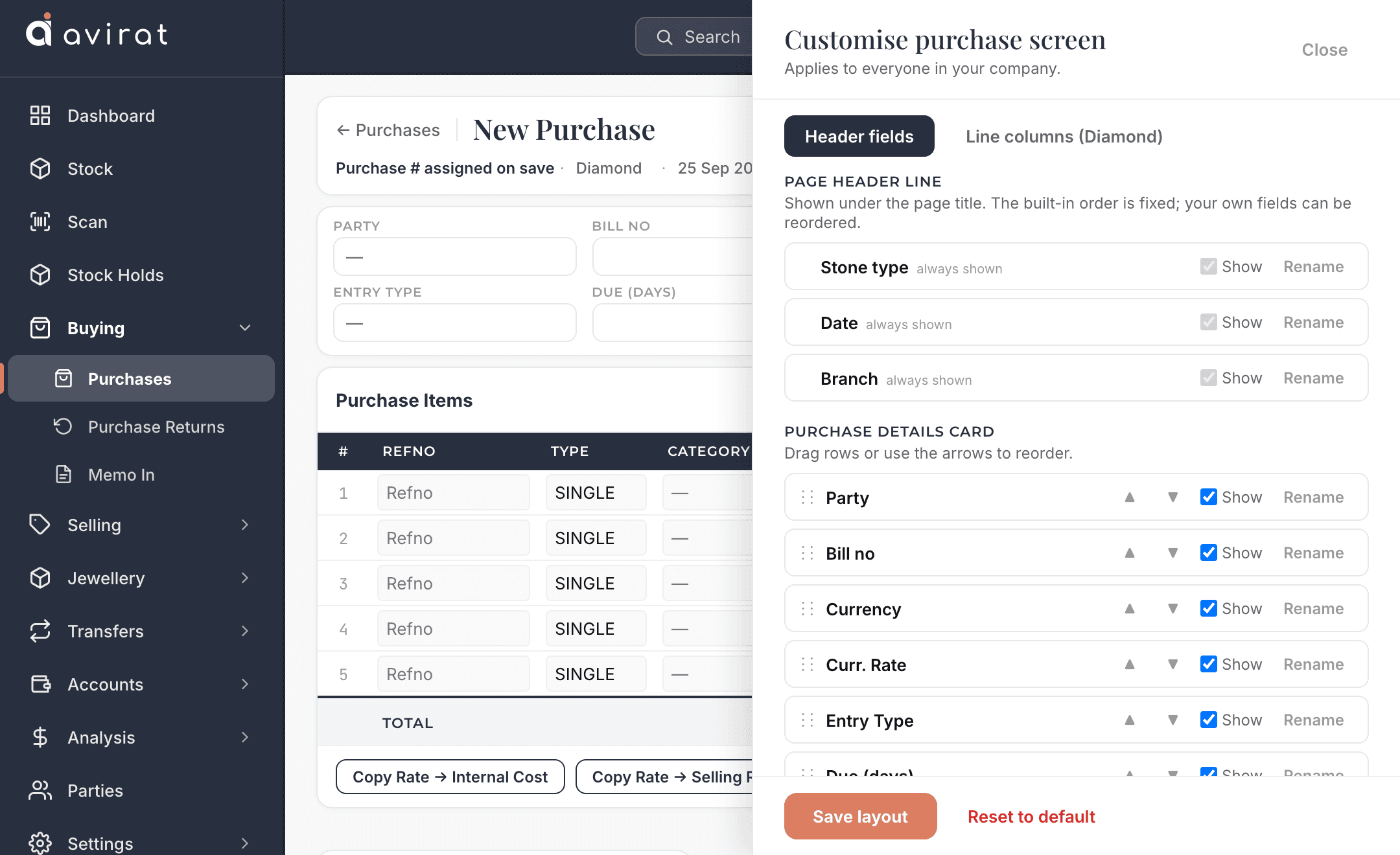 Avirat’s Customise panel on the purchase screen: show, hide, rename and reorder fields for the whole company