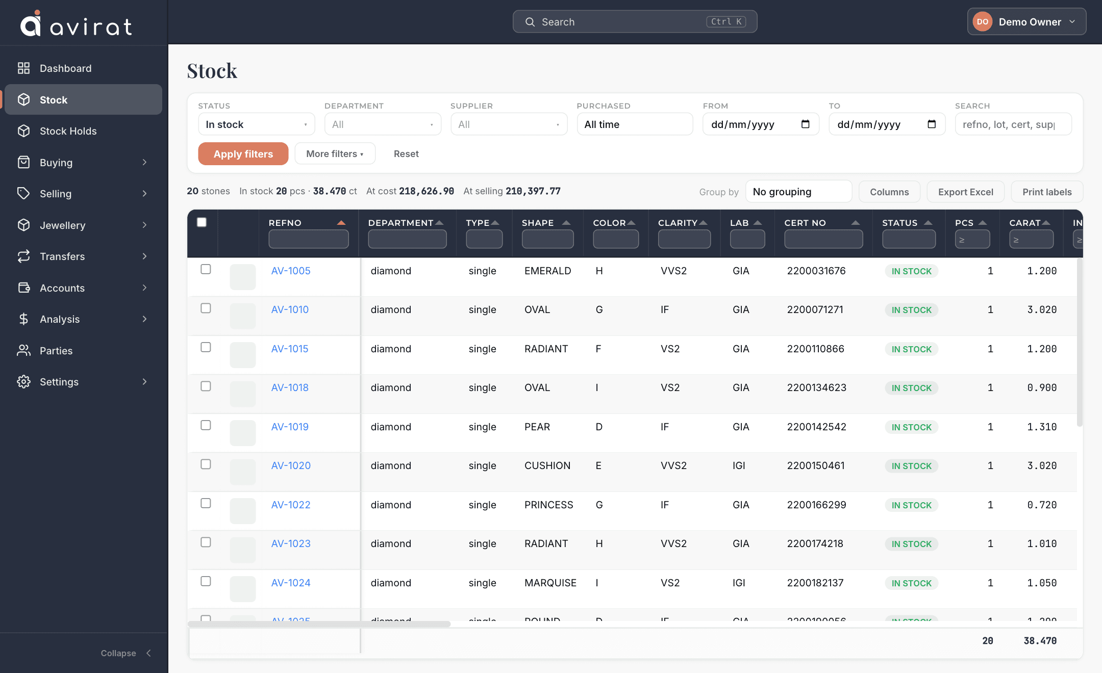Avirat stock list filtered and totalled, with export to Excel and label printing