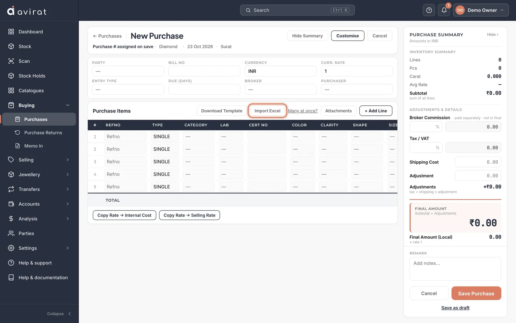 A new purchase in Avirat, with the Import Excel button marked