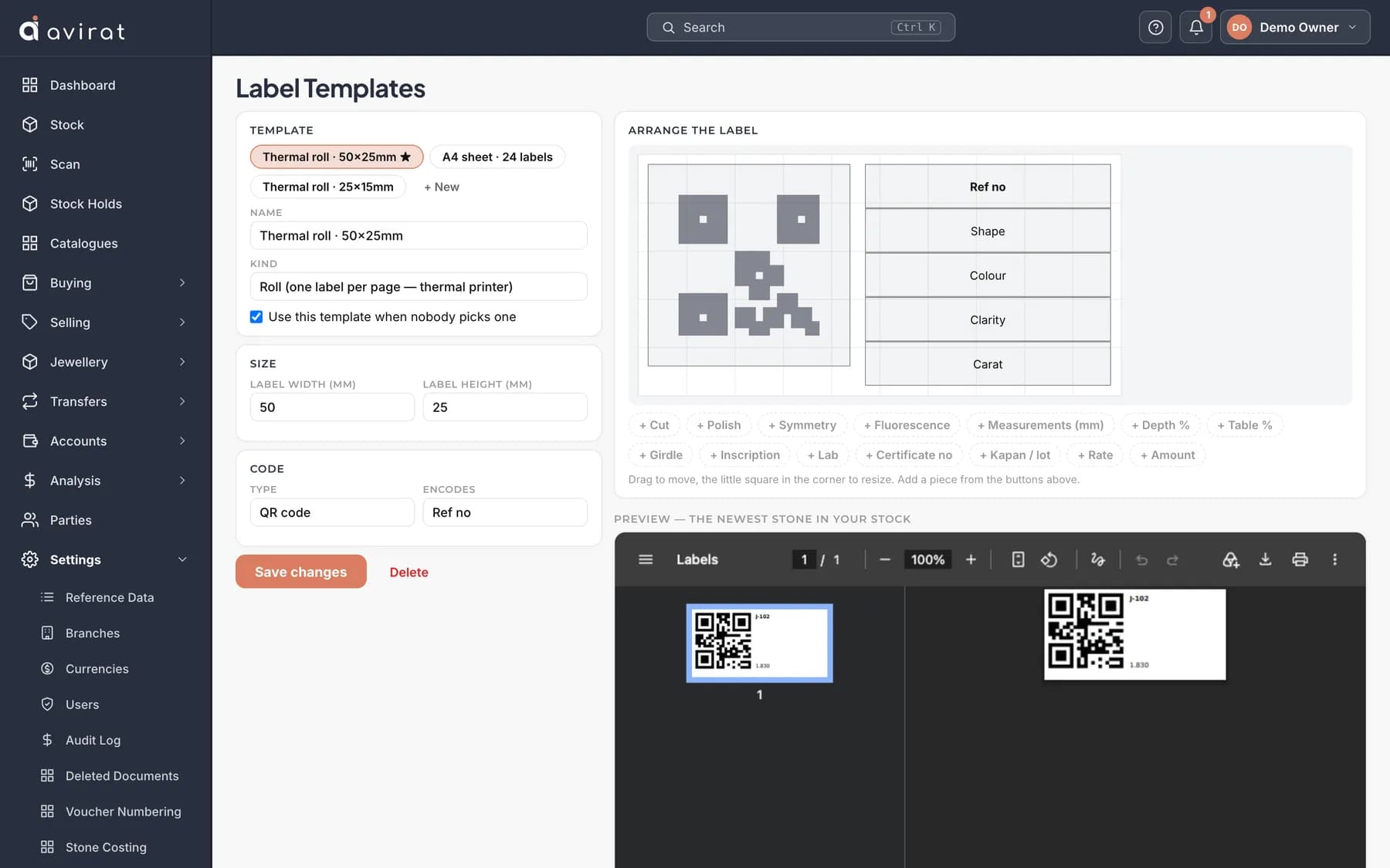 Label templates in Avirat: the barcode and QR label laid out by drag and drop