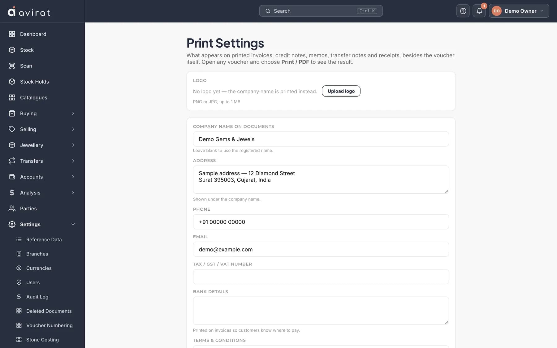 Print settings in Avirat: what prints on invoices and memos