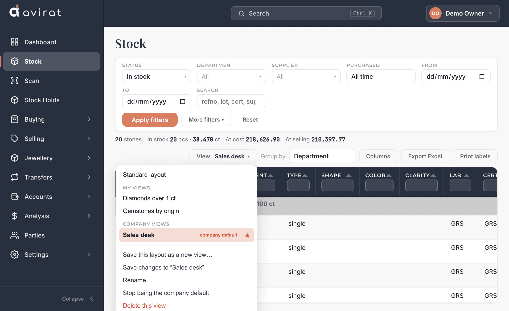 Avirat’s stock grid with the saved views menu open: the standard layout, your own views, and a company view marked as the company default, with save, rename and default options